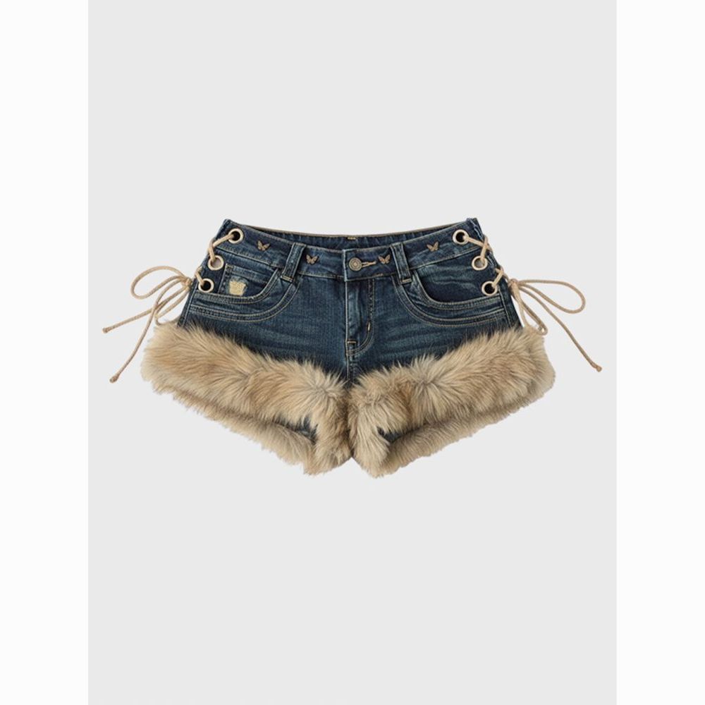 Low-Rise Denim Shorts For Women, Y2K Vintage Frayed Hem Distressed Shorts With Faux Fur Accent, High-Waist Contrast Styling_ecoleips.com