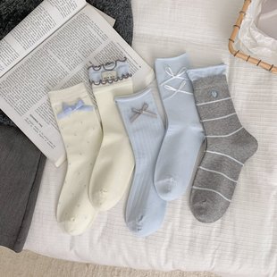 Mekki Spring and Summer Women's Socks Mid-tube Socks Korean-style Instagram ins Bowknot Embroidered Stacking Socks Japanese-style Vintage Mid-tube Korean-style Socks