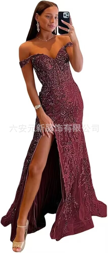 Comercio exterior europeo y americano Amazon hombro abierto vestido de baile largo de diafragma de encaje decal de mujer vestido de noche de cola de pescado