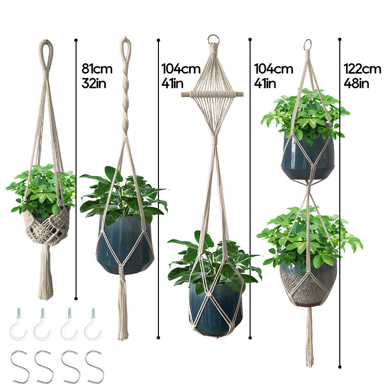 定制悬挂花盆网兜组合 波希米亚风绿植吊篮装饰 手工编织花盆网兜|undefined