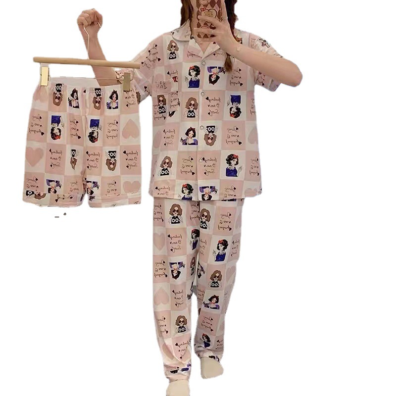 Cardigan Internet celebridad pijamas de tres piezas de verano de las mujeres pantalones de manga corta estilo de la princesa ropa de casa traje solapa primavera y otoño