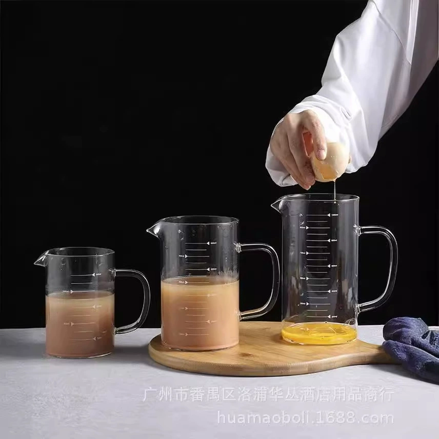 Glass measuring cup for home use scaled, handle, increased thickness