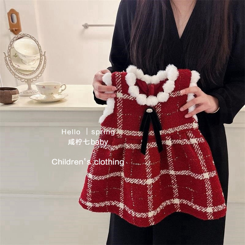 Niñas ropa infantil arco chaleco de alambre dorado vestido de aniversario de otoño invierno 2025 vestido vestido a cuadros rojos blusa