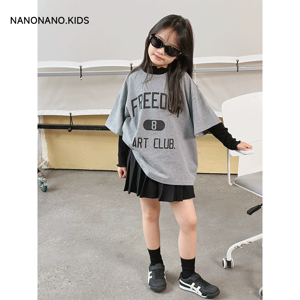 Custom NANOKIDS 24 autumn Korean letters T+wood ear+pleated skirt children