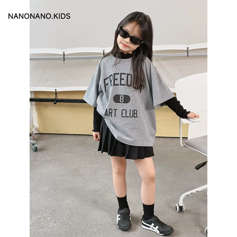 Custom NANOKIDS 24 autumn Korean letters T+wood ear+pleated skirt children
