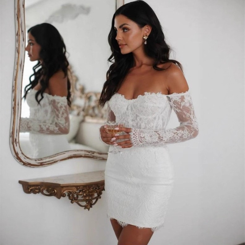 European and American Style Light Wedding Dress Lace Off-Shoulder Short Dress Cross-Border Aliexpress Long-Sleeve Slim Fit Toast Dress European and American Style Light Wedding Dress Lace Off-Shoulder Short Dress Cross-Border Aliexpress Long-Sleeve Slim Fit Toast Dress
