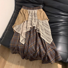 森女格子不规则半身裙女秋冬新款韩系复古拼接下摆长裙时尚百搭