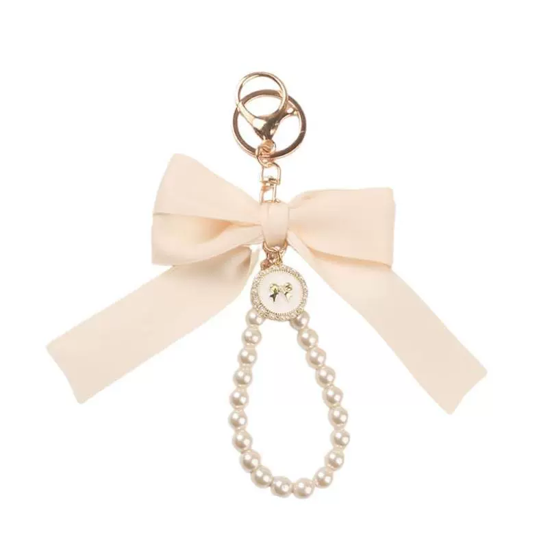 Брелок keychain с жемчужным подвесом и бантом из ленты, петля из бусин, 12×9 см