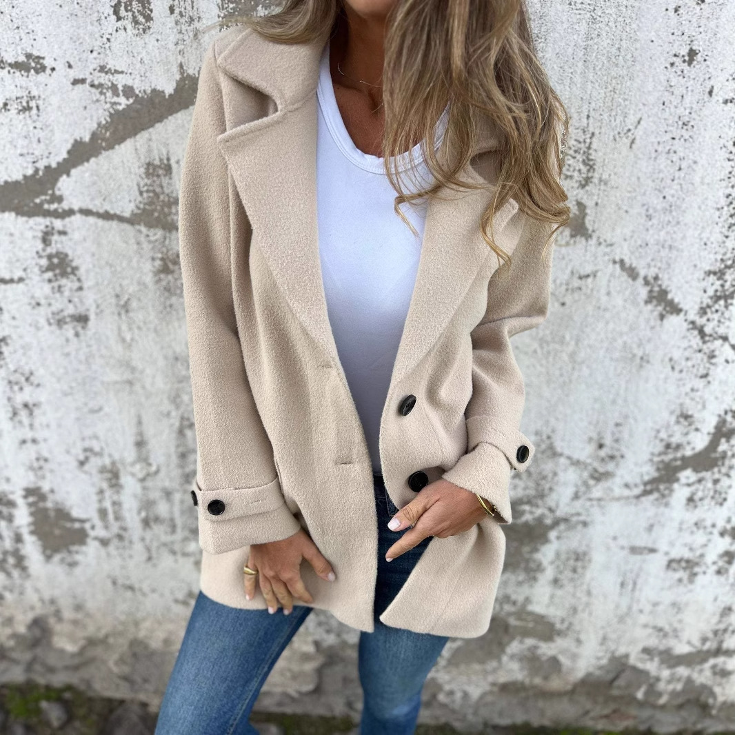 Autumn/Winter Women's Woolen Coat With Loose Collar, Fake Pockets, And Cardigan Style_ecoleips.com