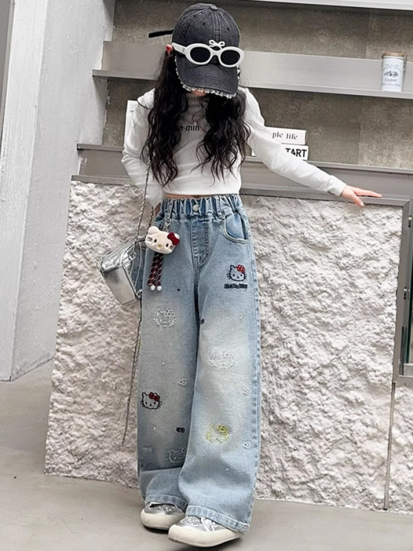 女の子パンツ 2025春秋新作 女の子中学生刺繍ジーンズ 中学生ストレートワイドパンツ|undefined