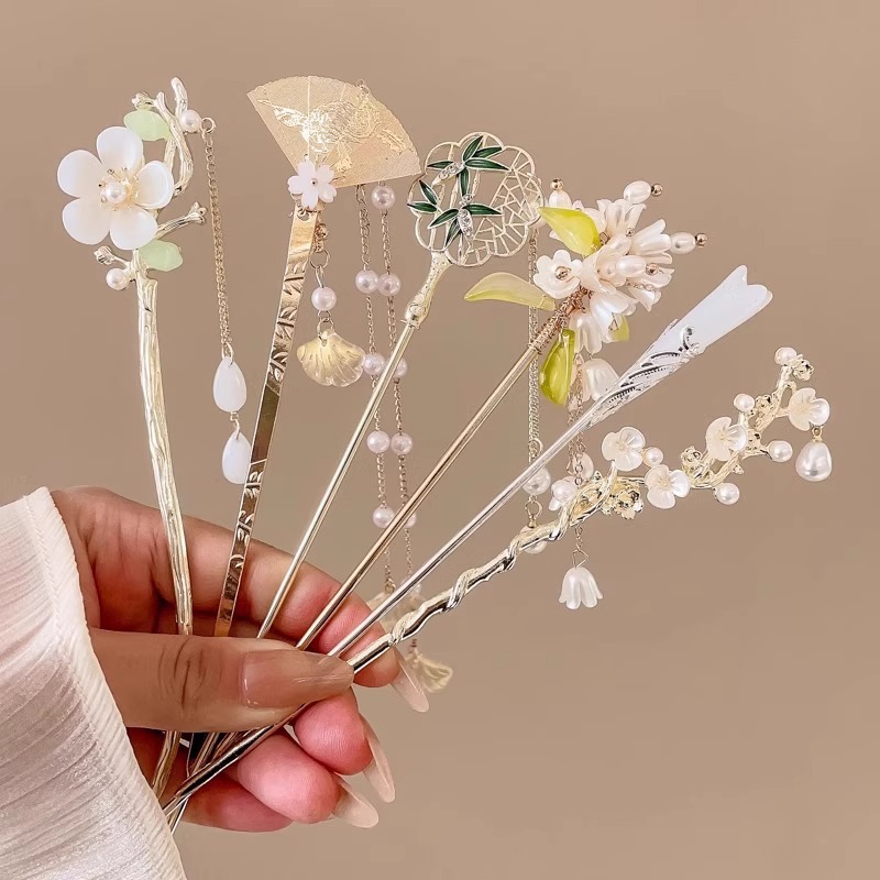 Horquilla de flores con flecos de estilo antiguo, sentido de alto nivel femenino, horquilla de cabello Hanfu de todo fósforo, horquilla de cabello en la parte posterior de la cabeza, tocado