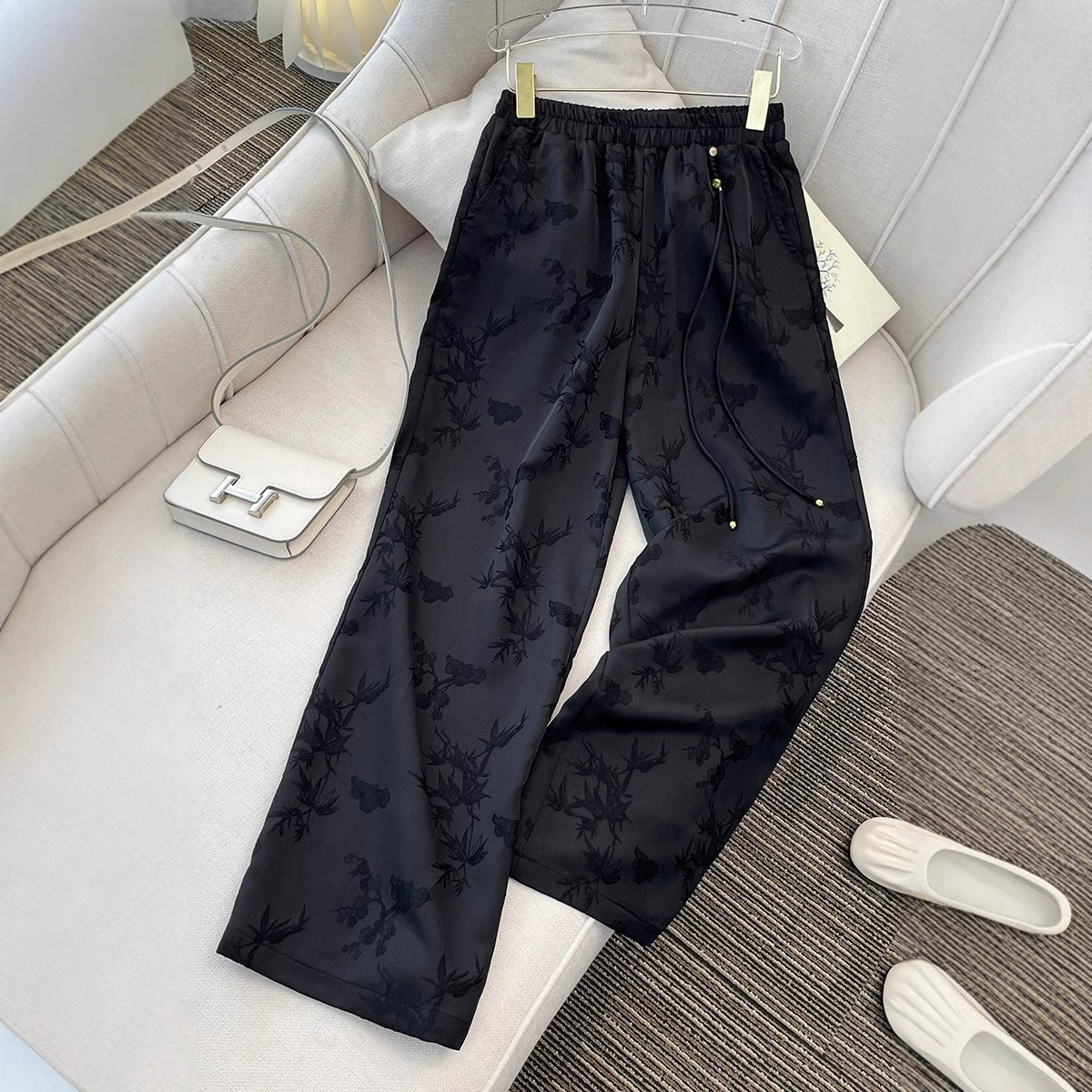 Новые широкие брюки из жаккардового атласа в китайском стиле для женщин, летние тонкие брюки 2025 года, новые повседневные брюки из ледяного шелка с высокой талией, длинные брюки