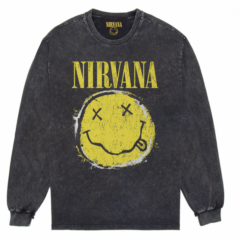 Nirvana Vintage American retro apenado rock punk angustiado lavado batik Camiseta de manga larga