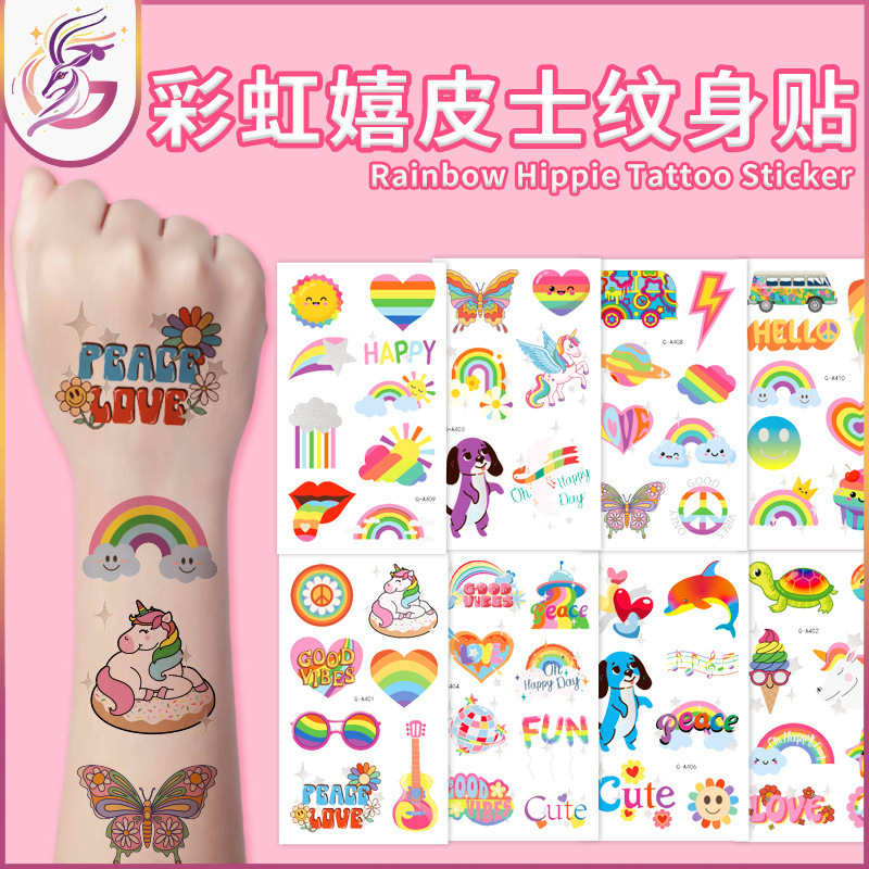 Hippy Tattoo Rainbow Multi Cute Style Love and Peace Unicorn Removable Waterproof Rainbow Sticker Hippy Tattoo Rainbow Multi Cute Style Love and Peace Unicorn Removable Waterproof Rainbow Sticker