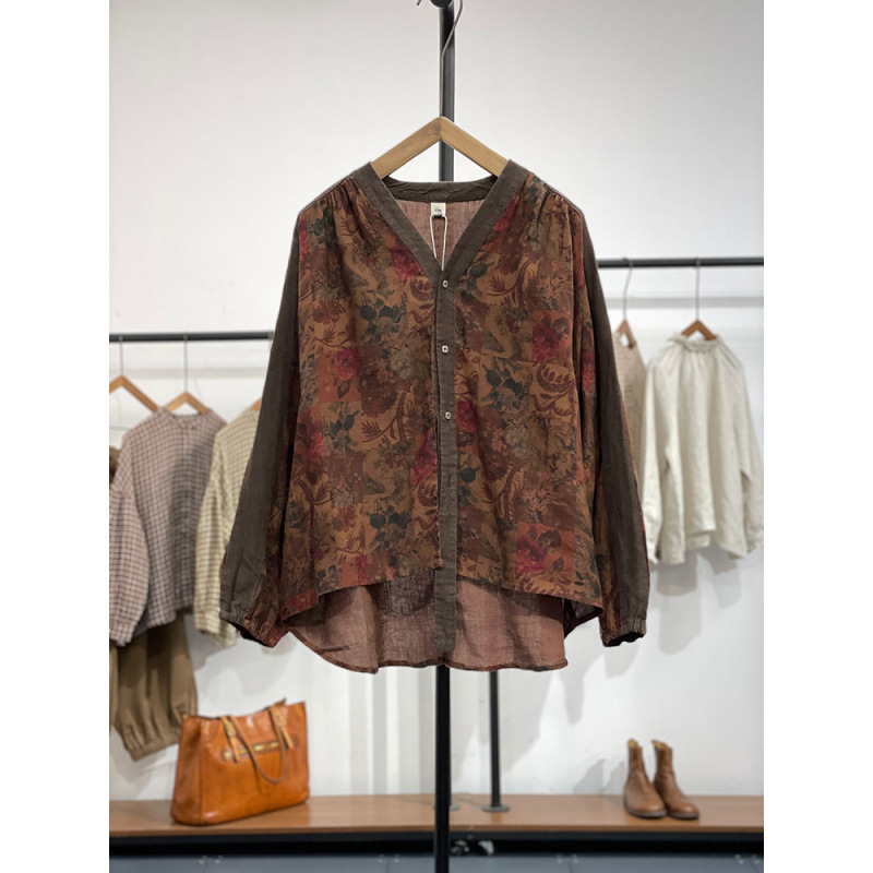 2025 Spring V-Neck Tencel Blend Long-Sleeve Shirt for Women, Off-Shoulder Style, Elegant Commuter Style with Skull Print 2025 Spring V-Neck Tencel Blend Long-Sleeve Shirt for Women, Off-Shoulder Style, Elegant Commuter Style with Skull Print