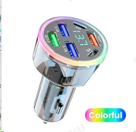 Mobil şarj cihazları | cross-border - 2c4usb-6-port-transparent-digital-display-car-charger-with-colorful-light