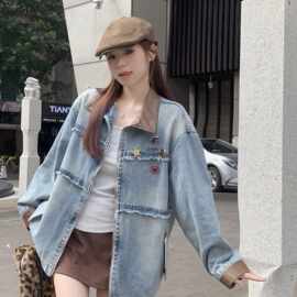 美式复古vintage拼接牛仔外套女装春秋新款感夹一件代发外贸