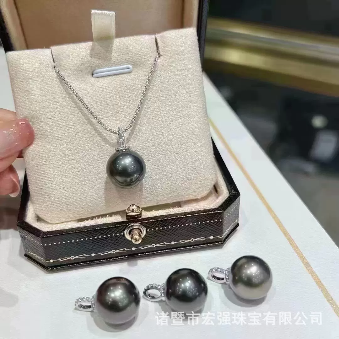 10-12mm海水大溪地黑珍珠奶嘴吊坠S925正圆油光滑亮海水珍珠项链