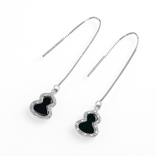 Natural A goods jade S925 silver inlaid ink cui gourd ear line through green jade fashion women's earrings earrings wholesale