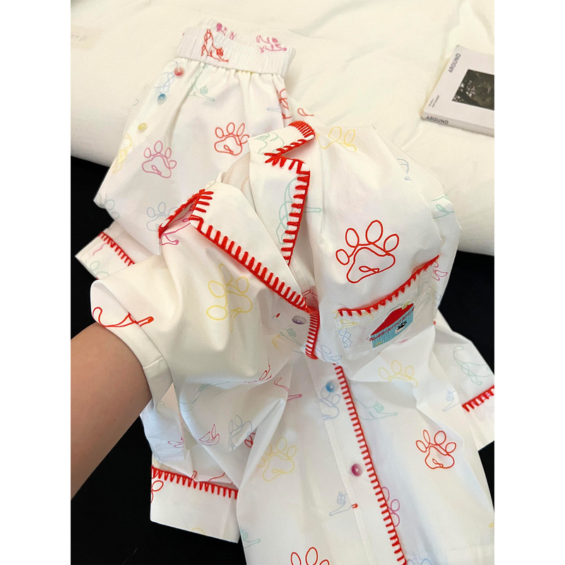 卡通可爱狗爪印花睡衣女秋季新款大码长袖翻领可外穿家居服套装潮|undefined
