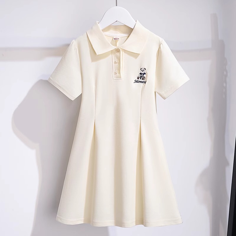 Girls' Dress 2025 Summer Children's Clothing Bear Cartoon Solid Color Lapel Waist-Cinching Polo Shirt Dress A-Line Hem