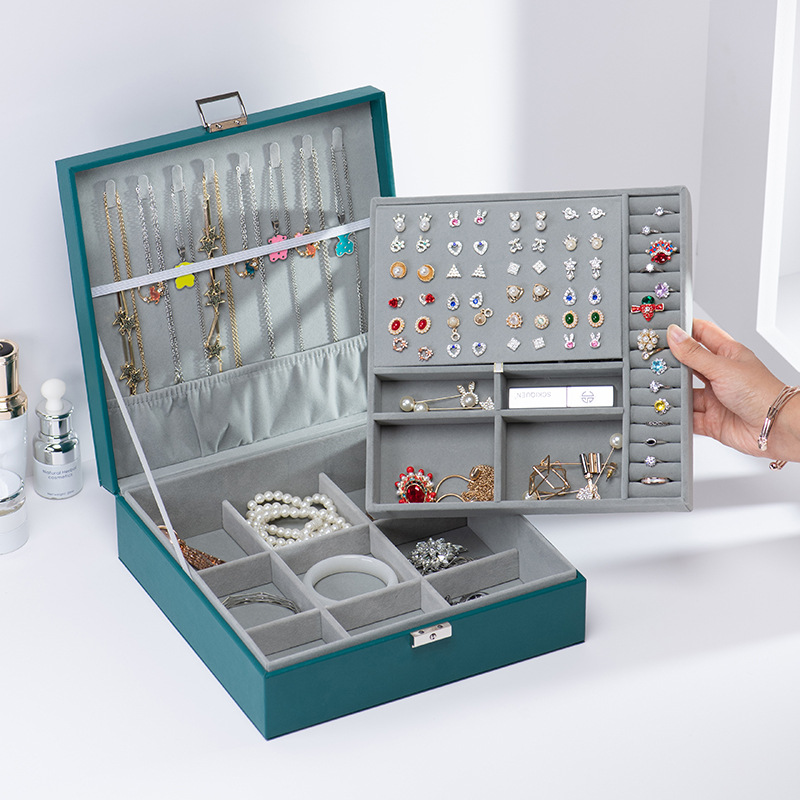Caja de joyería caja de joyería grande caja de almacenamiento de joyas caja de joyería de doble capa con pendientes de bloqueo anillo collar acabado