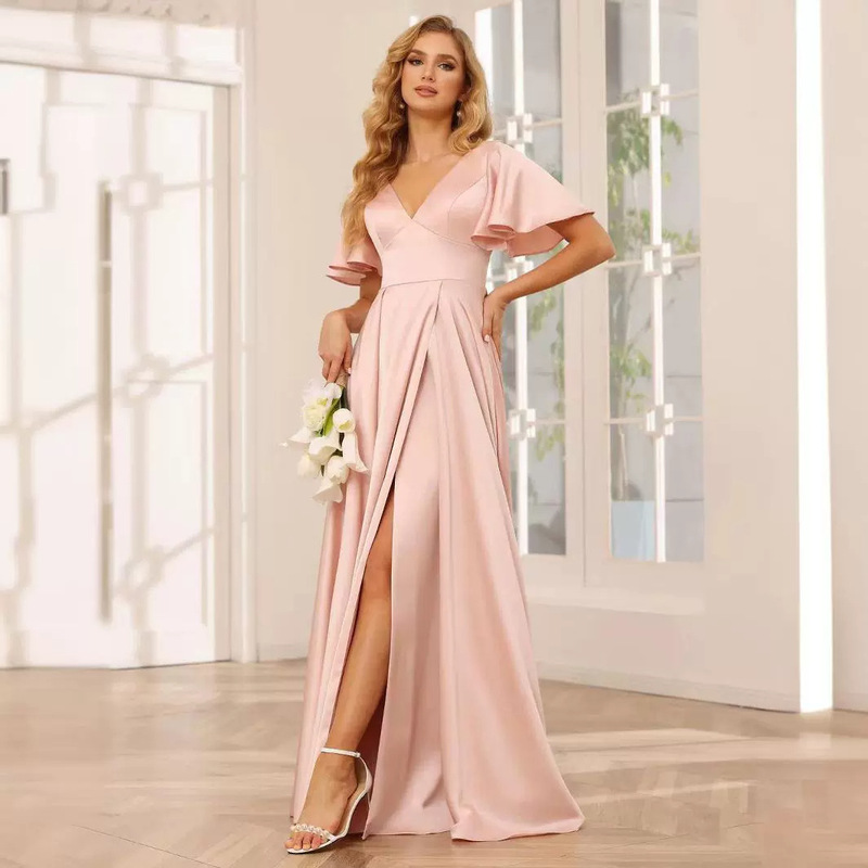 Amazon Sexy Satin Evening Dress Deep V-Neck Side Slit Prom Dress High Waist Elegant Slim Party Dress