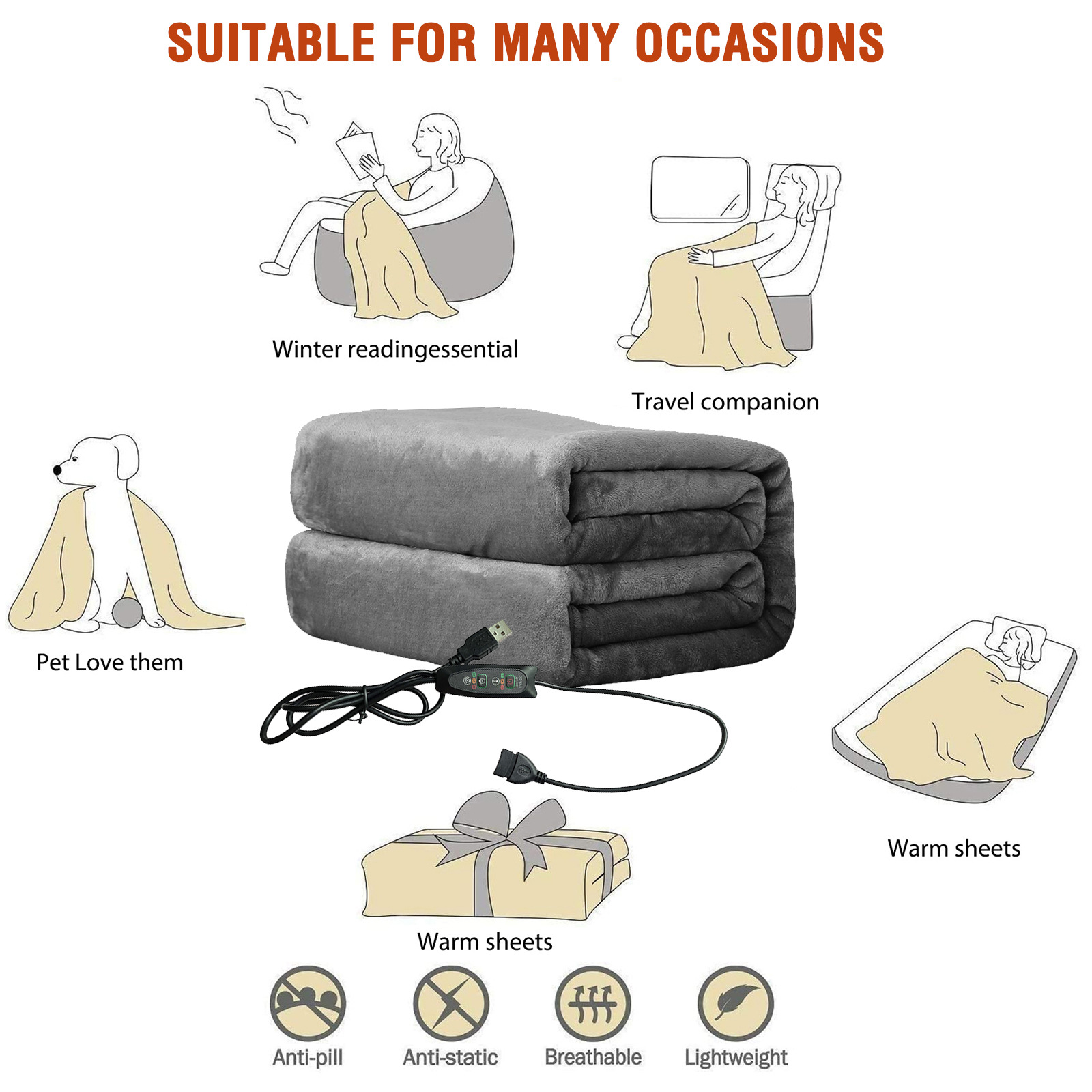 USB electric heating shawl blanket 3 levels 76x150cm multifunctional heating thick shoulder warming blanket power bank heating pad_voghion.com