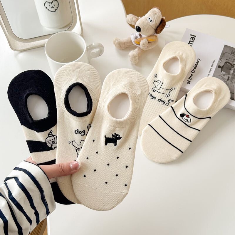 Yuanrun family cute puppy spring and summer Korean version of cartoon striped puppy shallow mouth boat socks wholesale bean shoes women's socks thin