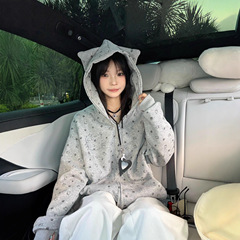 2025新款狗爪满印连帽卫衣女春秋款宽松慵懒风灰色kitt猫钉珠外套
