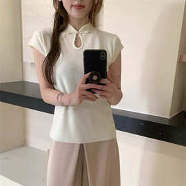 新中式国风盘扣短袖T恤女2024夏季新款设计感镂空短款针织衫上衣