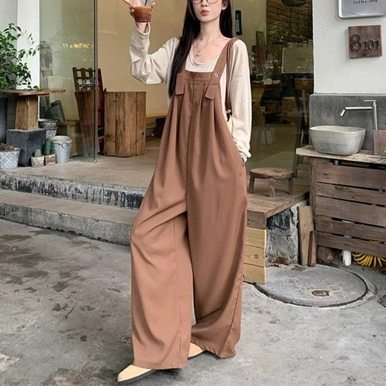杏色上衣慵懒风背带裤女秋季百搭时尚休闲连体裤阔腿长裤两件套女|undefined