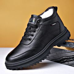 Men's Winter Shoes, Cotton Shoes for Men, Winter Snow Boots, Leather Shoes for Men, Leather Face High-Top, Thick and Fleece Mid-Top, Warm Keeping