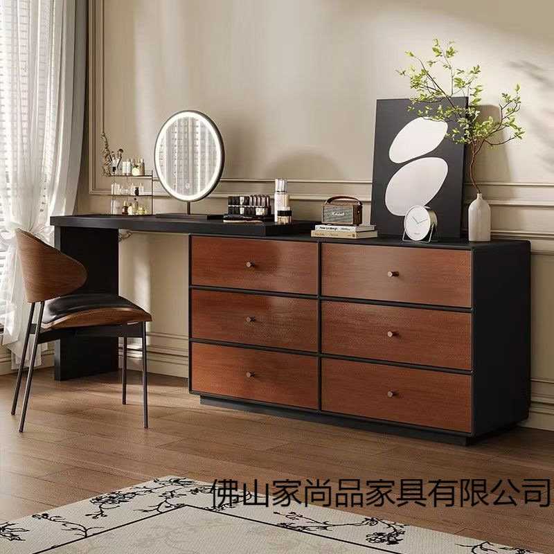 Solid Wood Mid-Century Style Dressing Table and Cupboard Integrated Ready-Made Bedroom Walnut Wood Grain Dressing Table Dressing Table Storage Cabinet