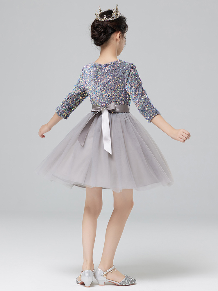 Vestidos para niños, vestidos de princesa de alta gama para niñas, vestidos de interpretación de piano gris, vestidos cortos de manga larga para niños
