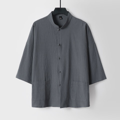 汉服男装亚麻衬衫中式唐装棉麻男士七分袖衬衣夏季复古立领上衣