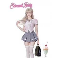 ガールココナッツ韓国アカデミー娘夏の新しいピンクのシャツトップ + グレーハイウエストプリーツスカートスーツ