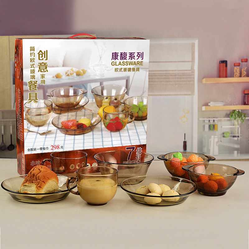 Tazón de vidrio marrón plato olla traje hogar caja de regalo embalaje tazón de vidrio transparente placa imprimible logotipo regalo de empresa