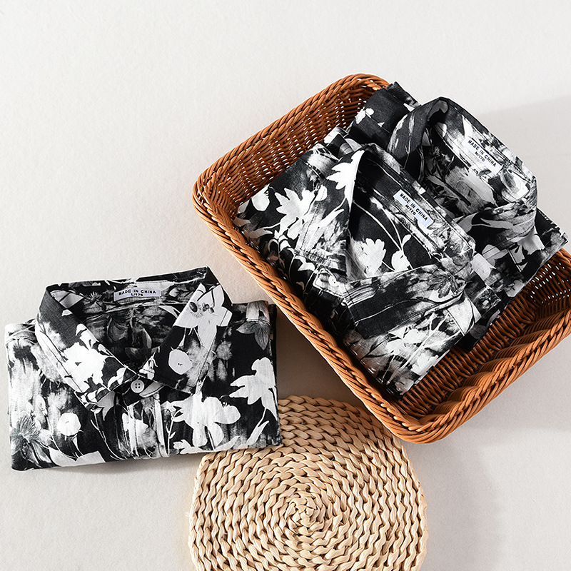 Summer new men's black and white printed linen shirt, men's short sleeved Chinese style printed youth linen shirt, linen material_voghion.com