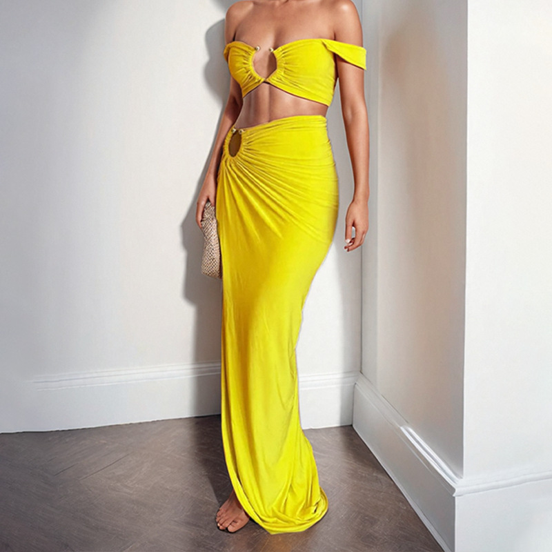 New Sexy Girl Strapless Bustier Solid Color Split Hem Skirt Fashion Set Women's Two-Piece Outfit_ecoleips.com