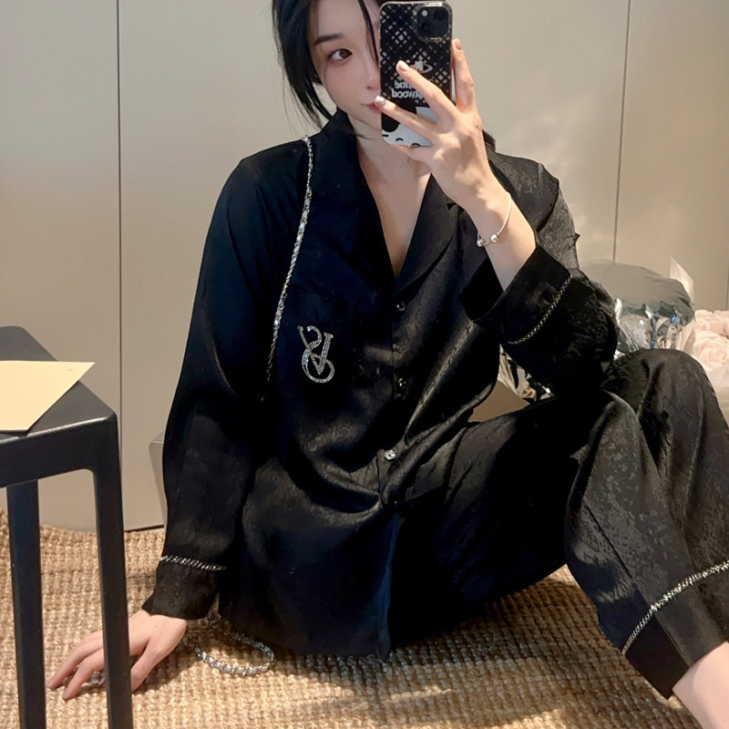 睡衣女冰丝秋冬新款长袖长裤提花纯色高级可外穿新款家居服套装|undefined
