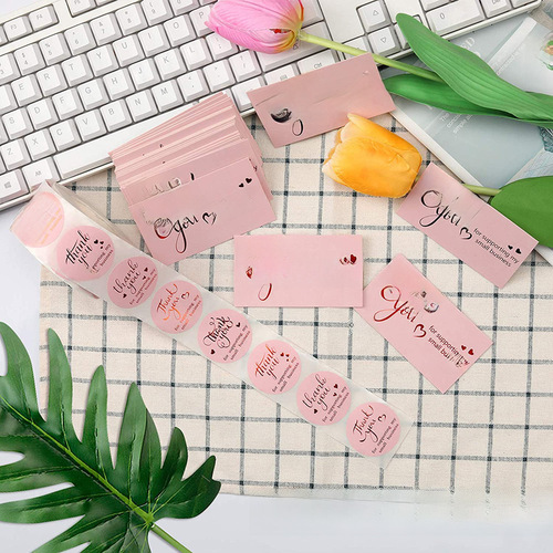 500 sheets per roll, 3.8 cm roll, gold foil sticker labels for commercial decoration, non-drying adhesive, pink card, thank you for your purchase