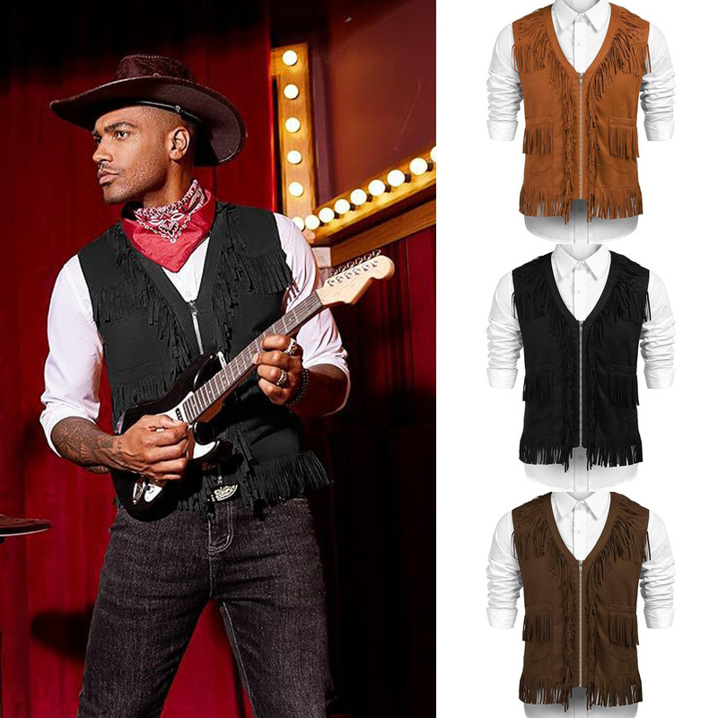 European and American Cross-Border Cos Vest Halloween Role-Playing Costume Men's Western Retro Tassel Suede Vest European and American Cross-Border Cos Vest Halloween Role-Playing Costume Men's Western Retro Tassel Suede Vest
