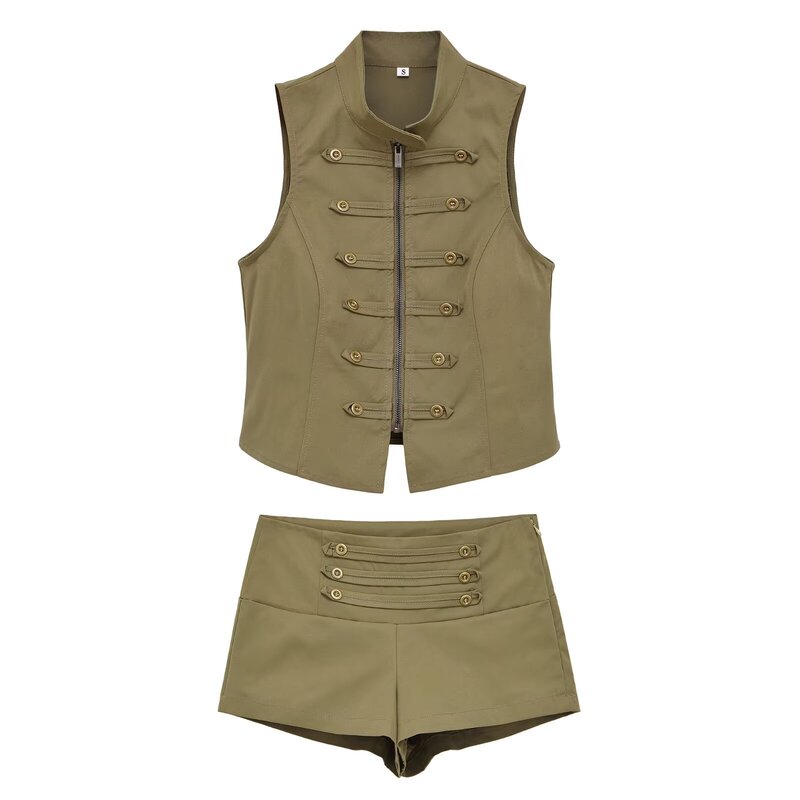 Pb&Za Foreign Trade Women's Sleeveless Stand-Up Collar Zipper Button-Decorated Vest 4341702 + Mid-Waist Straight Shorts 4391503