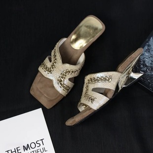 Fashionable Square-Toed Woven Slippers for Women 2025 New French Style Casual H-Shaped Slippers
