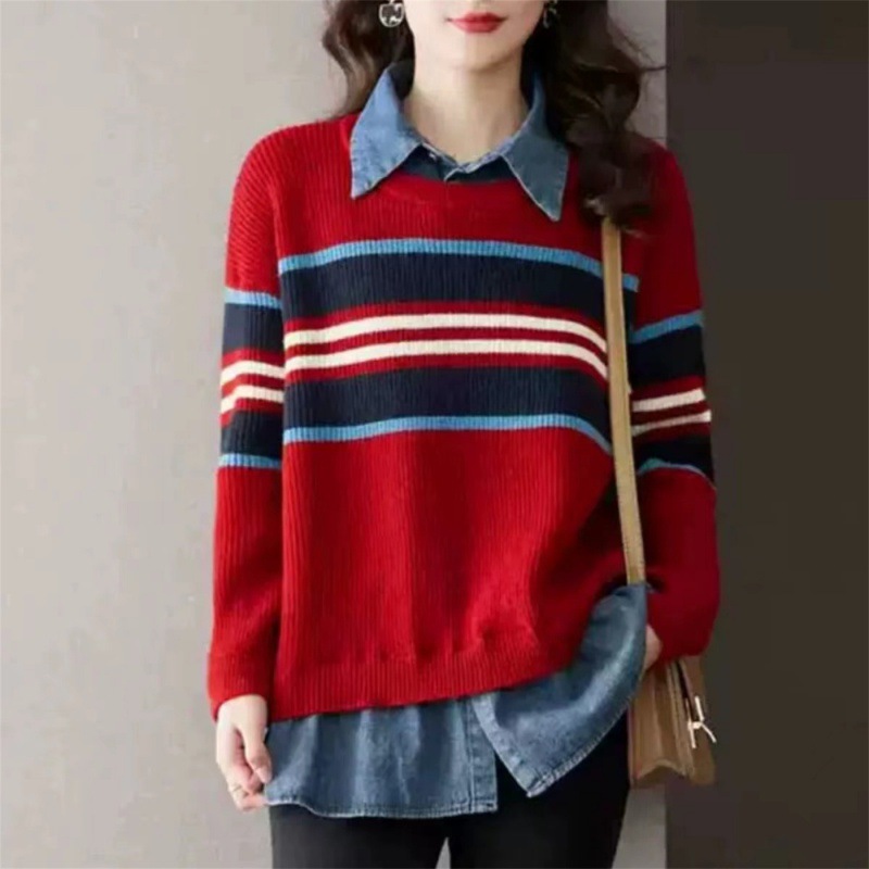 韩系红色针织衫女2025年新款秋冬衬衫穿搭假两件上衣毛衣打底外套