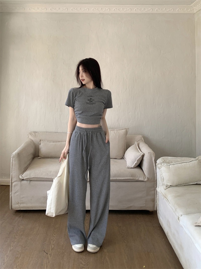 Women's Clothing Style Women's Two Piece Set Casual Gray Summer Top And Wide Leg Trousers Drawstring Tie Short Sleeved Outfit_ecoleips.com