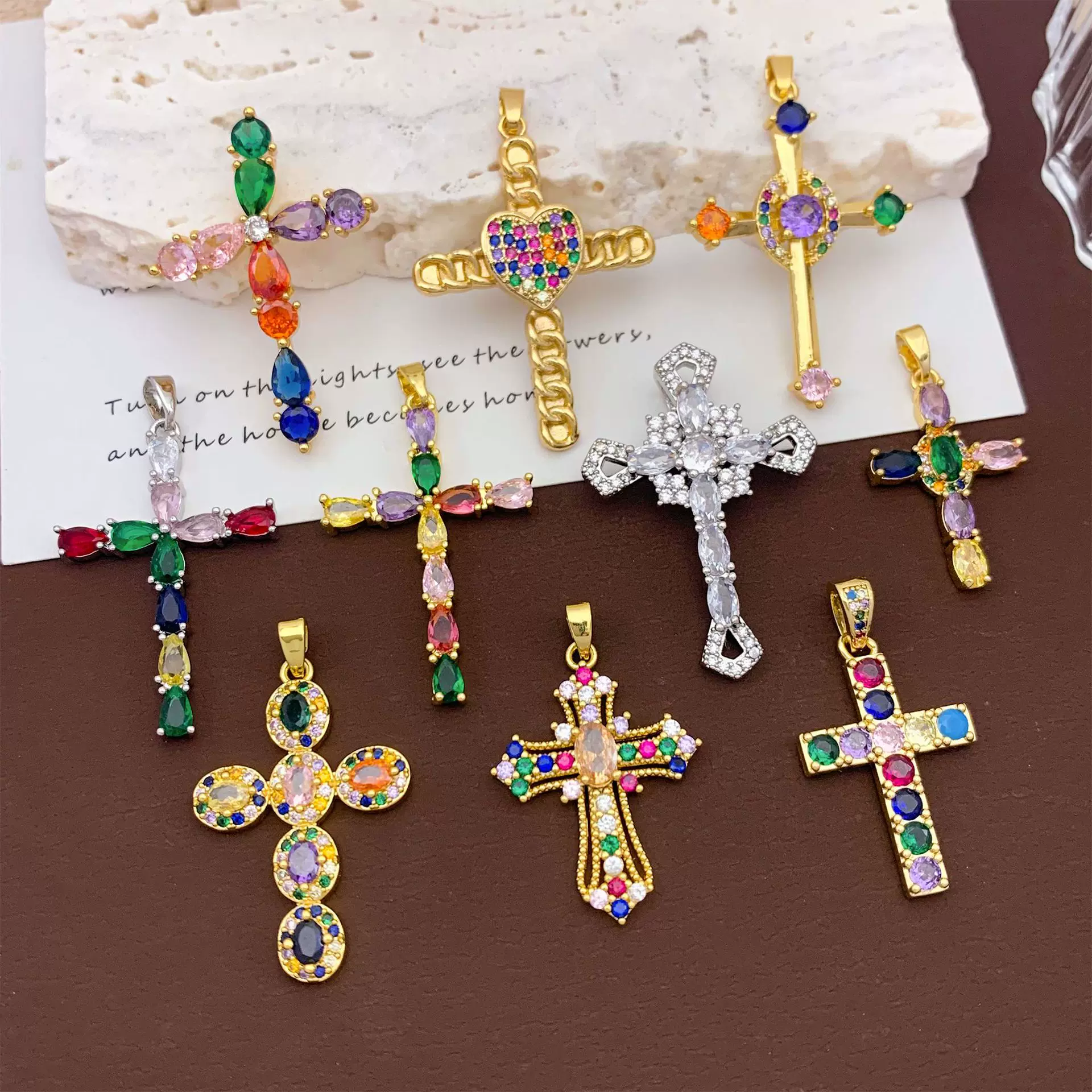 吊坠跨境彩色十字架DIY饰品配件简约几何设计铜微镶锆石热卖配饰