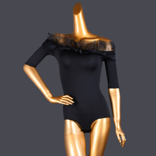 Latin dance clothing off-neck mid-sleeve adult top modern dance female dance practice flower clothes just dance Black