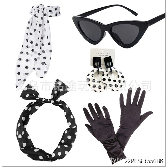 Cosplay de fiesta de la era europea y americana, ropa retro de la década de 1950, aretes de lunares, aretes, diadema, accesorios